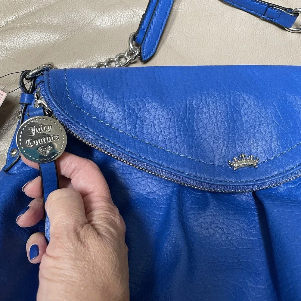 JUICY COUTURE Bag Purse Fold Over Zip Flap Crossbody Colbalt Blue Vegan NEW